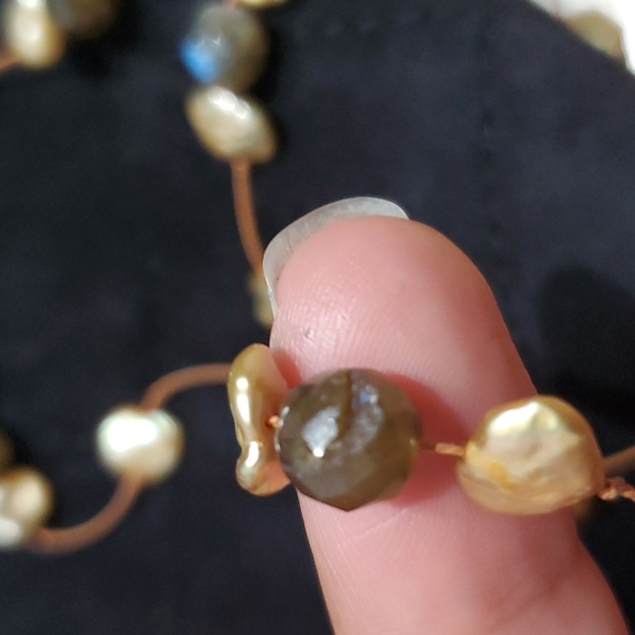 Labradorite Champagne Pearl Beads Sterling Silver Clasp Long 30" Necklace - Picture 10 of 10